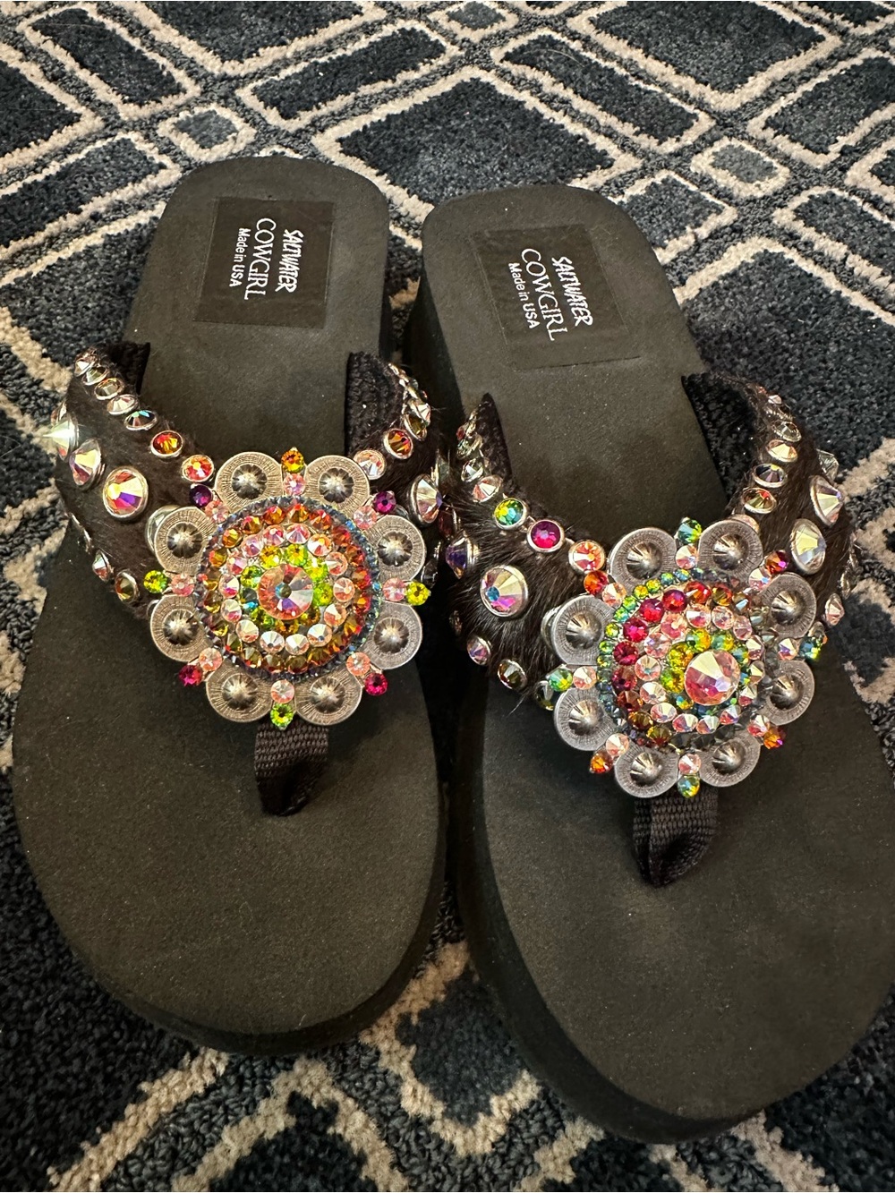 Yellow Multi Crystal Embellished Black Wedge Sandals -